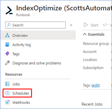 go back to your Runbook and in the Resources section select Schedules