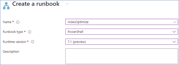 select PowerShell for the Runbook type, and select the Runtime version of 7.1.