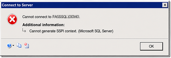 SQL Server error message indicating cannot generate SSPI context