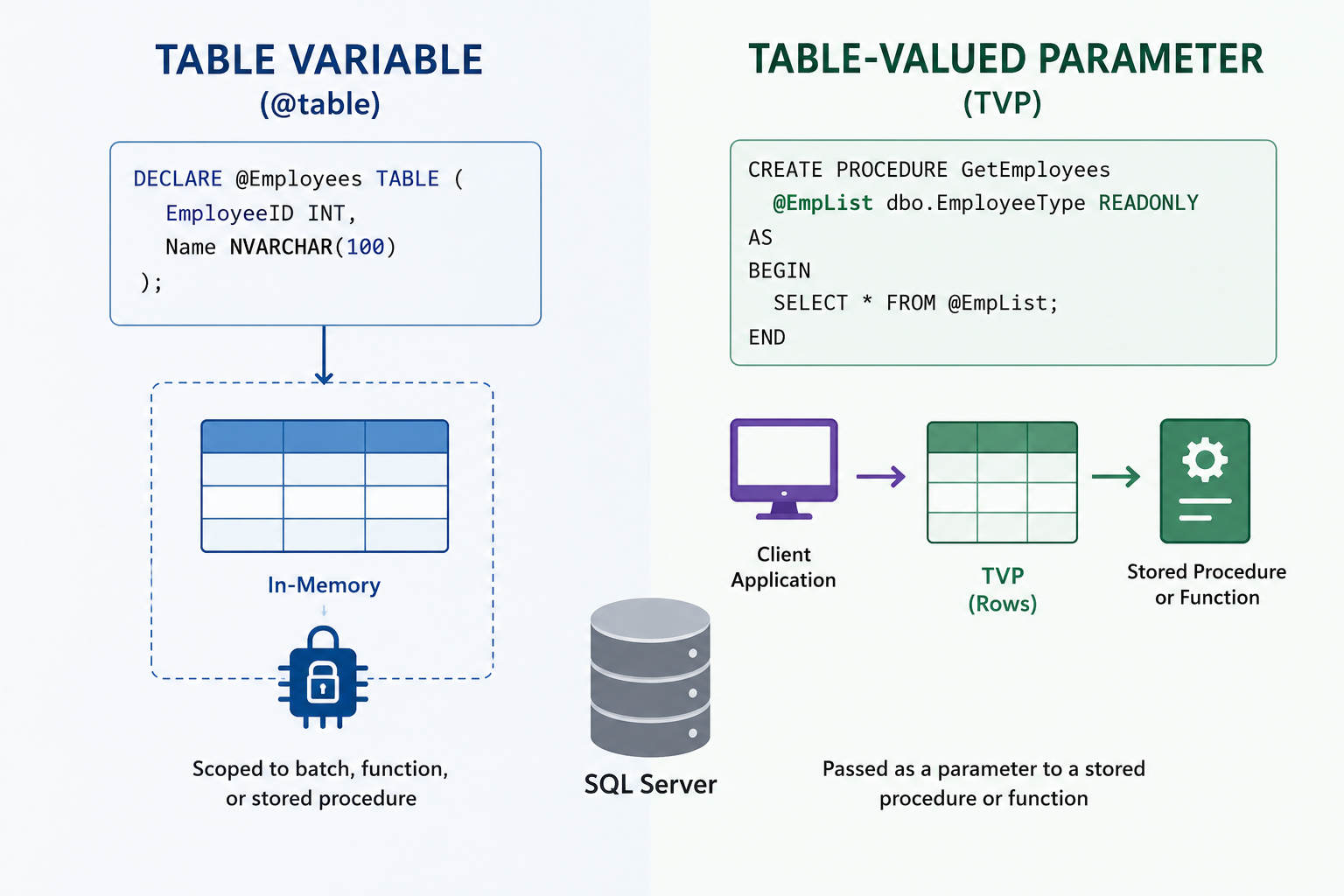 A graphic explaining table variables and table-valued parameters