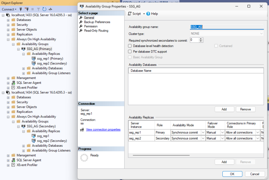 SSMS showing the SSG_AG availability group running on two SQL Server 2022 Docker containers, with ssg_rep1 as primary and ssg_rep2 as secondary